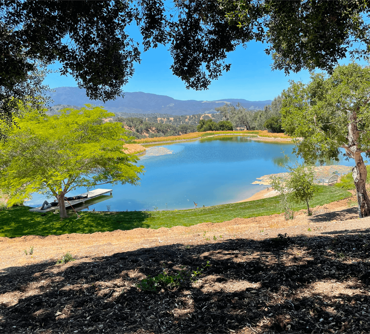 A scenic view of a calm, blue pond with a small dock and rowboats, surrounded by green grass and trees, with rolling hills and mountains in the distance under a bright blue sky.