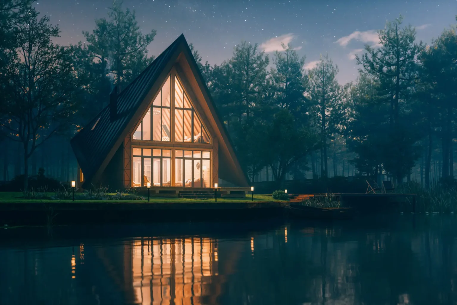 A cozy A-frame cabin reflecting on a calm lake at dusk.